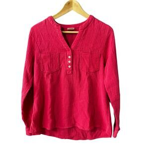 Mote Long Sleeve 3 Button V-Neck Gauze Light Weight Tunic Top Women Size Large